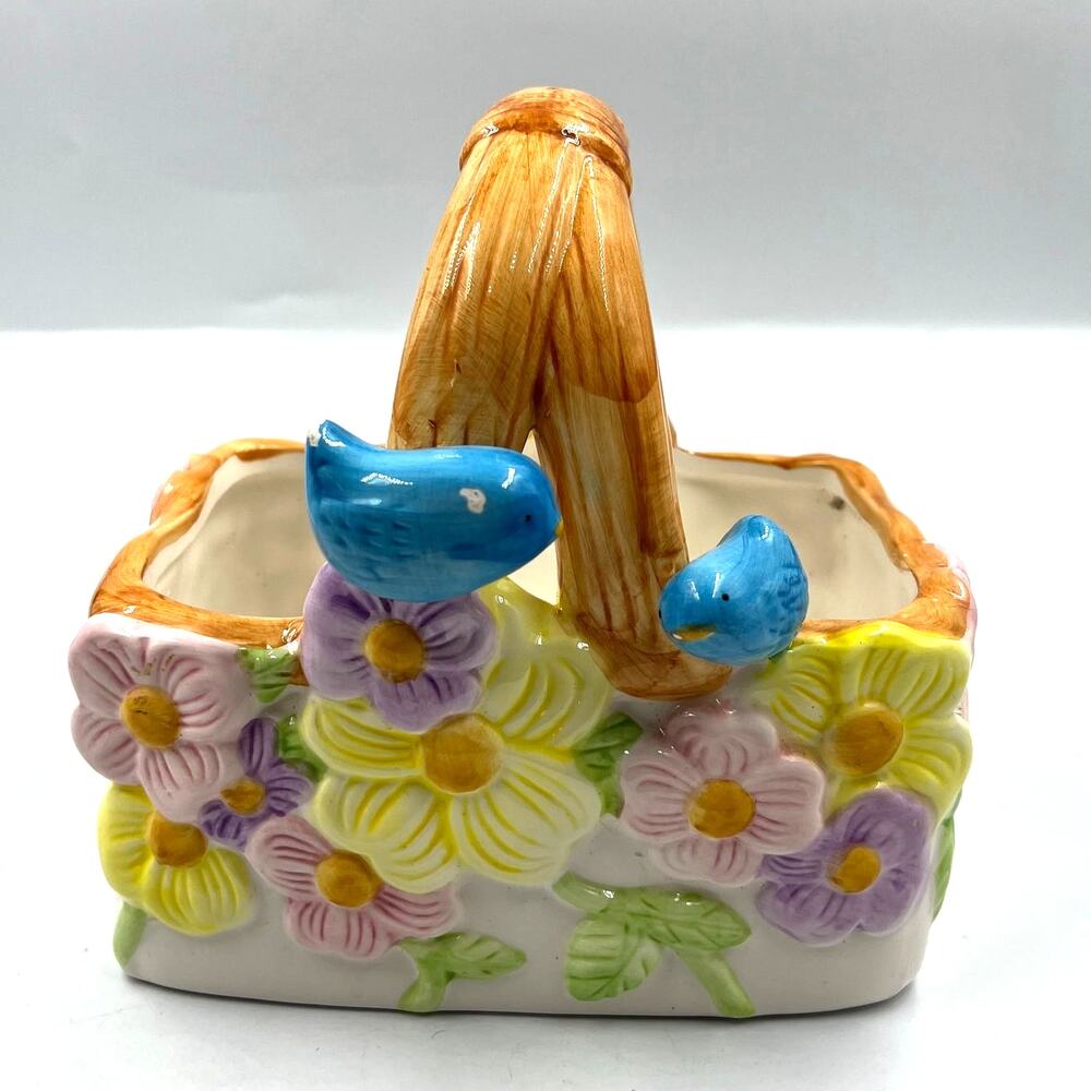 Vintage Glazed Ceramic Decorative Florist Basket Floral Blue Bird Pair